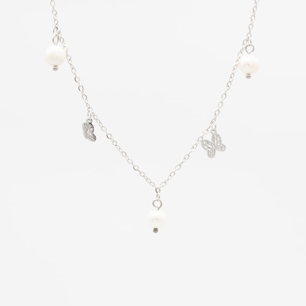 Gargantilla de Mariposas y Perlas Acero