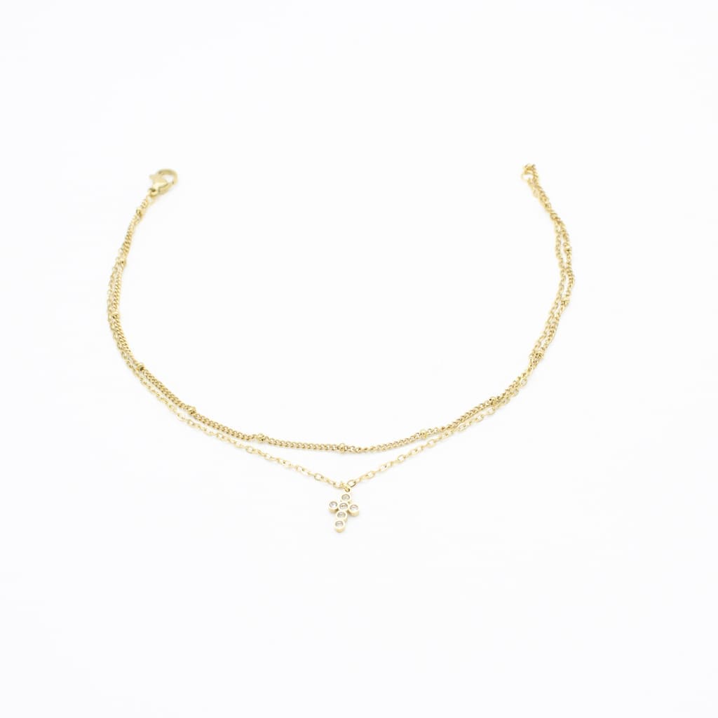 Tobillera Doble de Cruz con Zirconia Acero