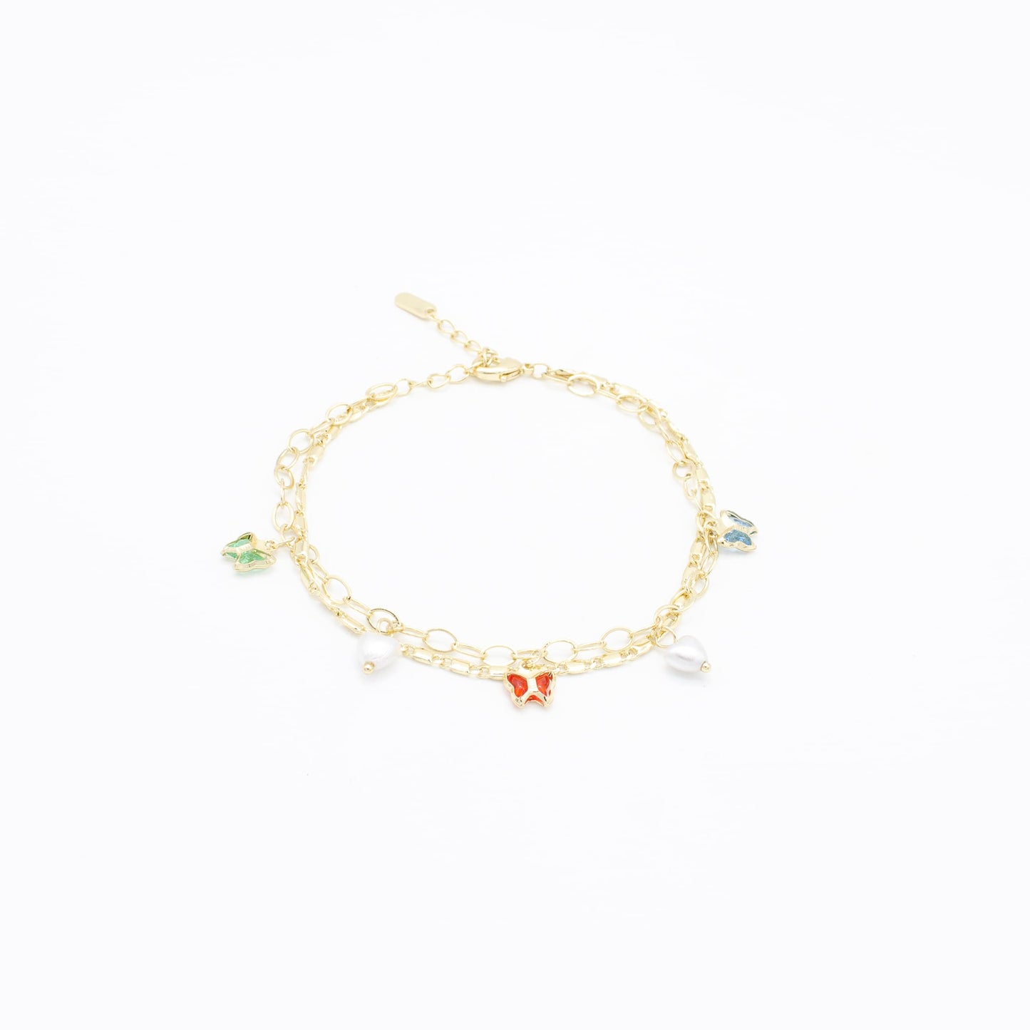 Pulsera Doble de Mariposas y Perlitas Chapa