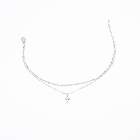 Tobillera Doble de Cruz con Zirconia Acero