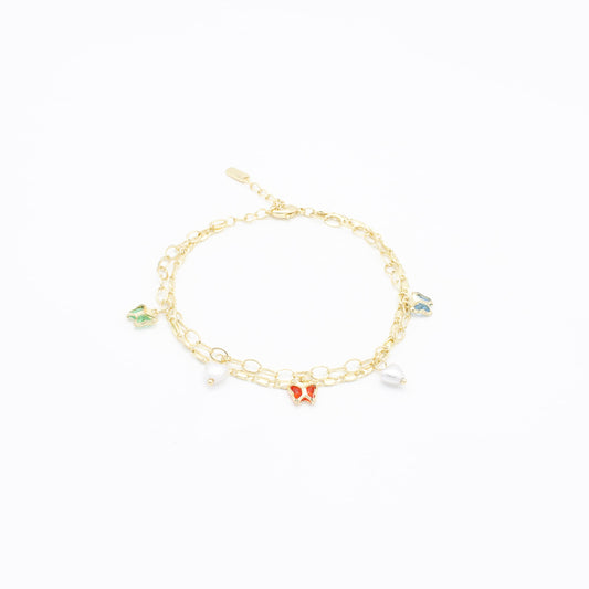 Pulsera Doble de Mariposas y Perlitas Chapa