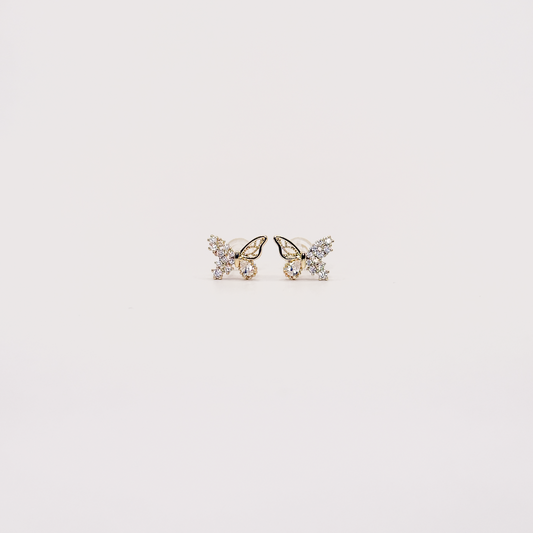 Broqueles dorados de mariposa con zirconias y detalle colgante en forma de gota