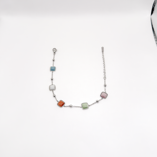 Pulsera plateada con piedras cuadradas de ojo de gato multicolor